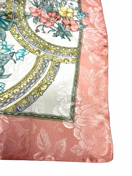 Silk Jacquard Square Scarf White Peach Floral Medallion Print Hand Rolled 29x29" - Picture 8 of 10